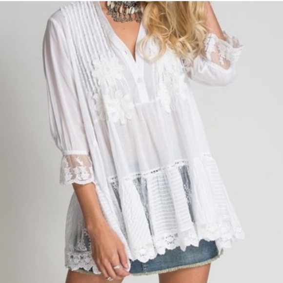 Muche Et Muchette Jolene White Boho Lace Peasant Blouse Cotton One Size - Picture 7 of 7